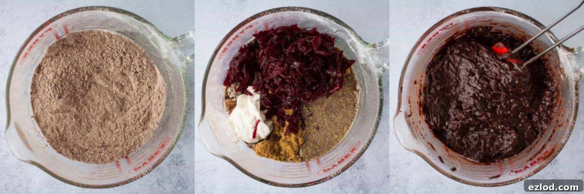 Fudgy Beetroot Chocolate Cake with Avocado Silk Frosting 5 Step-by-step image showing the process of mixing all the wet and dry ingredients together to form a thick vegan chocolate cake batter.