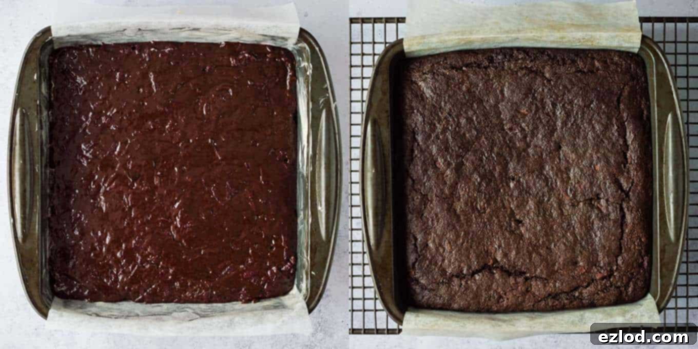 Fudgy Beetroot Chocolate Cake with Avocado Silk Frosting 6 Step-by-step image showing a baked vegan beetroot chocolate cake cooling in its square tin after being removed from the oven.