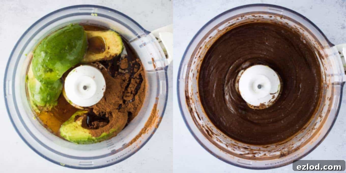 Fudgy Beetroot Chocolate Cake with Avocado Silk Frosting 7 Step-by-step image illustrating the process of blending ripe avocados with cocoa powder and other ingredients in a food processor to make a smooth chocolate avocado frosting.