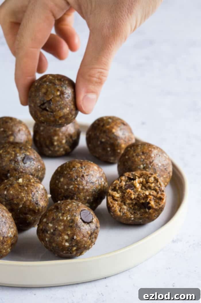 A hand reaching for a chocolate chip peanut butter energy ball from a white plate. The bites are perfectly formed and dusted with cacao, showcasing their appealing presentation.