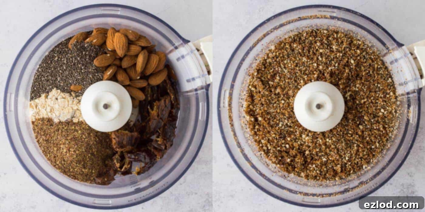 Step-by-step image showing the first stage of making peanut butter energy bites. Dates, almonds, oats, flaxseed, and chia seeds are in a food processor, finely chopped and starting to form a cohesive mixture.