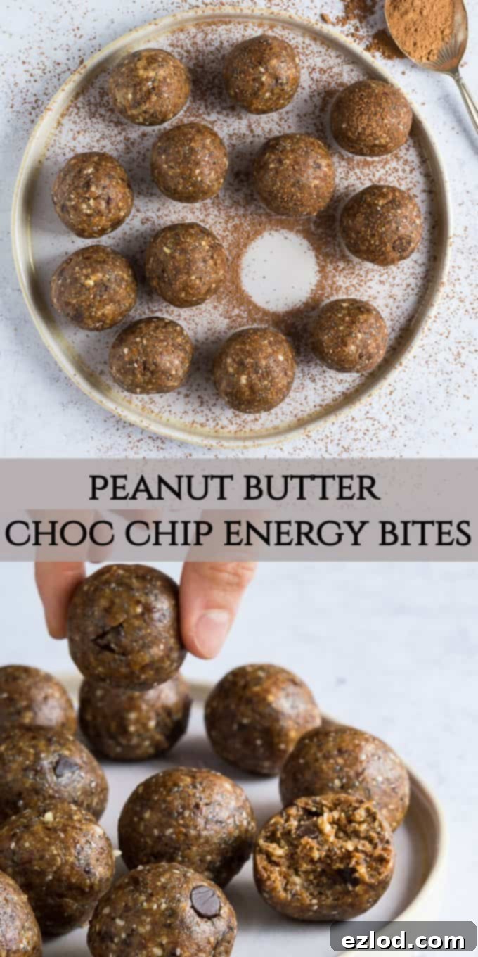 Pinterest-optimized image for Chocolate Chip Peanut Butter Energy Bites, showcasing a plate of healthy, no-bake vegan energy balls that taste like cookie dough, perfect for snacks, pre-workout, or a quick boost.