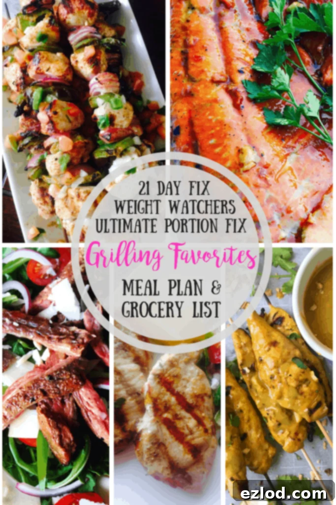 Collage of grilling favorite recipes from Confessions of a Fit Foodie with the text overlay- 21 Day Fix, Weight Watchers, Ultimate Portion Fix, Grilling Favorites, Meal Plan & Grocery List