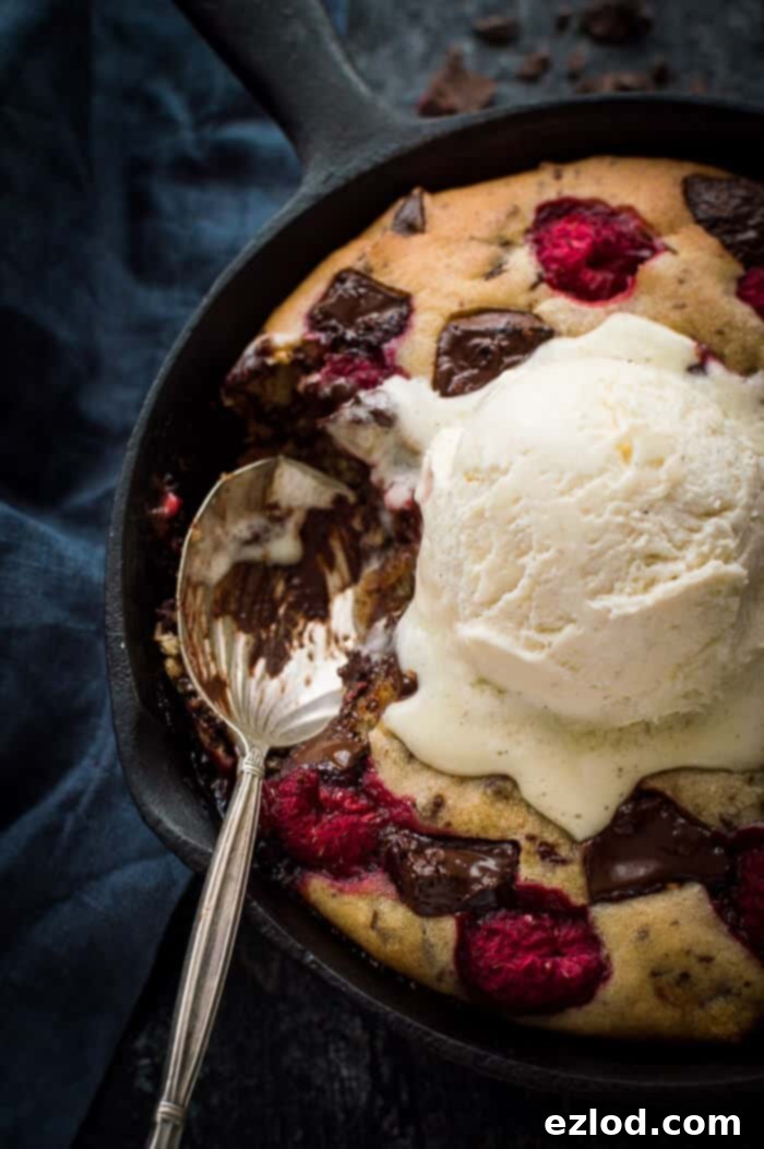 Close up of vegan chocolate raspberry skillet cookie topped with vanilla ice cream with a spoonful removed.
