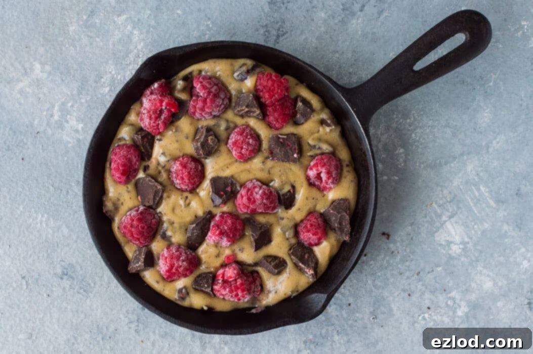 unbaked chocolate raspberry skillet cookie