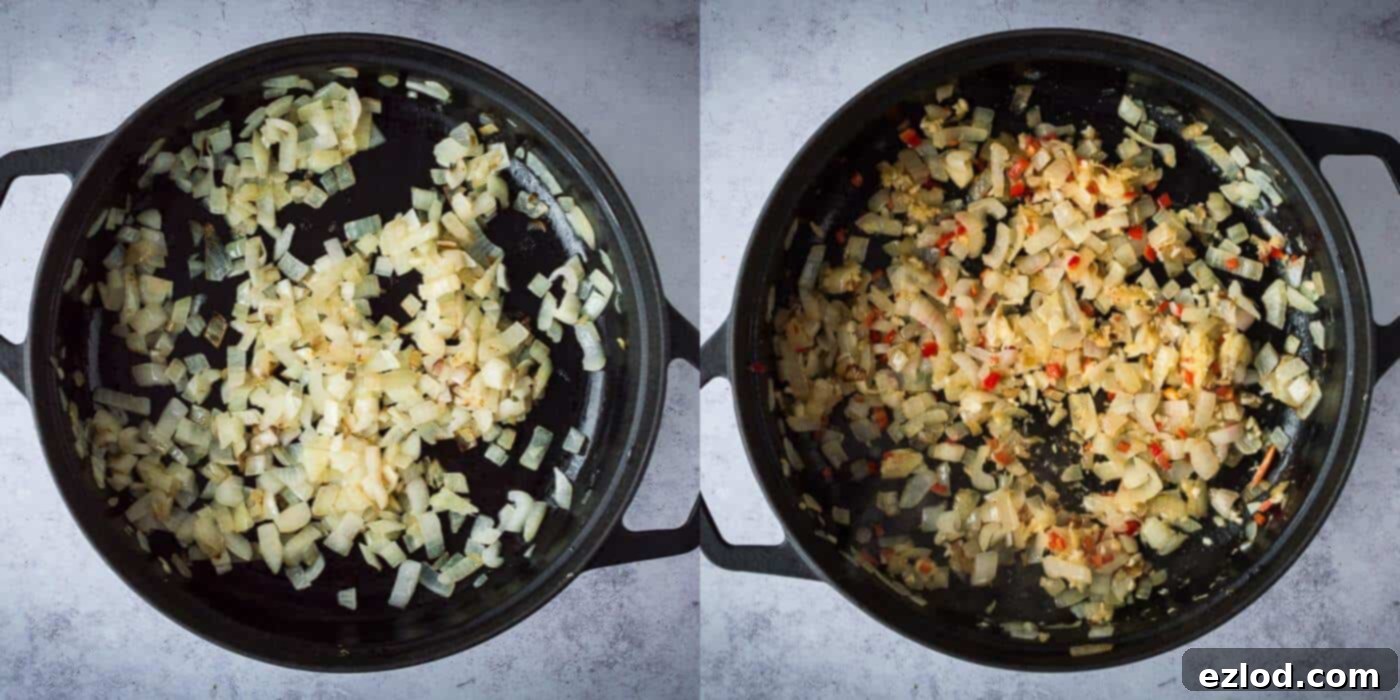 Second step: Finely chopped onions are sautéing in coconut oil in a large pan, beginning to soften and become translucent, preparing the base for the moqueca sauce.