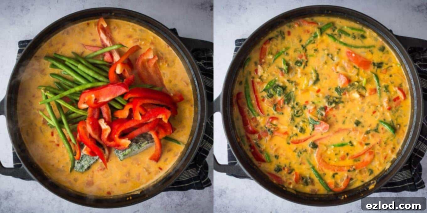 Fourth step: Sliced red peppers, green beans, and frozen spinach are added to the simmering moqueca sauce, ready to cook until tender, creating a colorful vegetable medley.