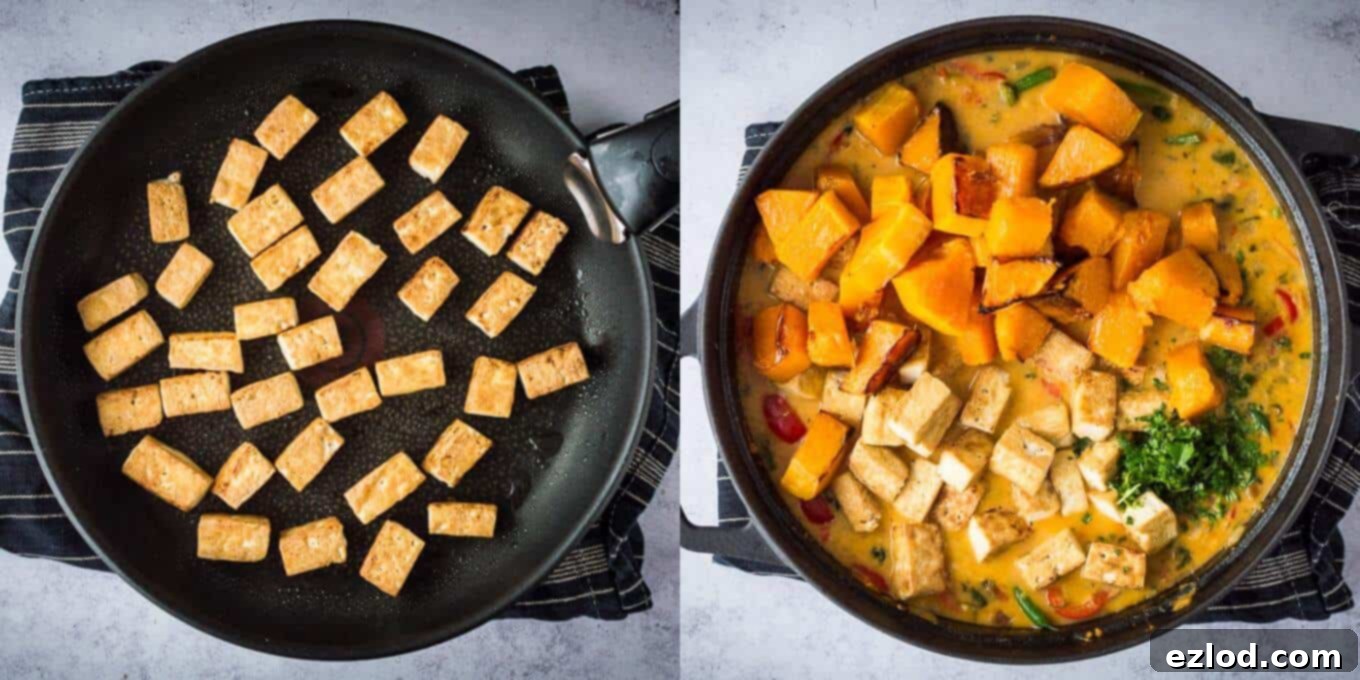 Fifth step: Diced firm tofu is pan-frying in olive oil until golden and crispy, preparing it to be added to the moqueca for texture and protein.