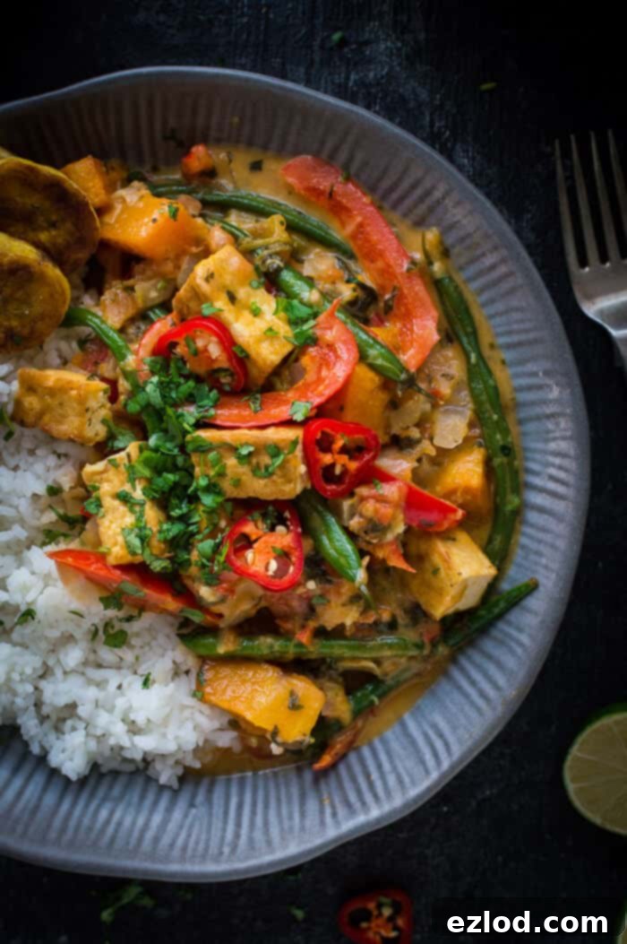 A beautifully plated bowl of vegan tofu moqueca, served with a side of fluffy white rice and golden fried plantains, garnished with fresh cilantro.