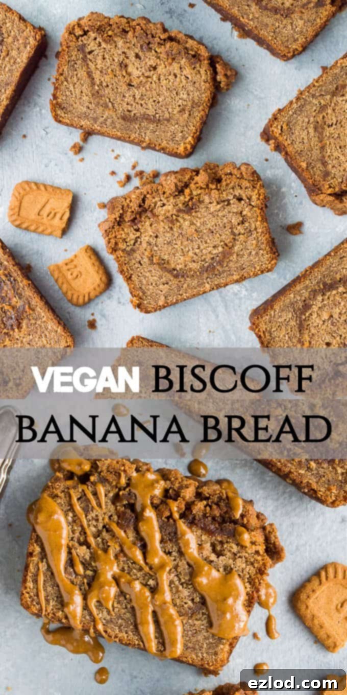 Pinterest image for vegan Biscoff banana bread, featuring a beautifully baked loaf with swirls of Biscoff and a streusel topping, designed for social media sharing.