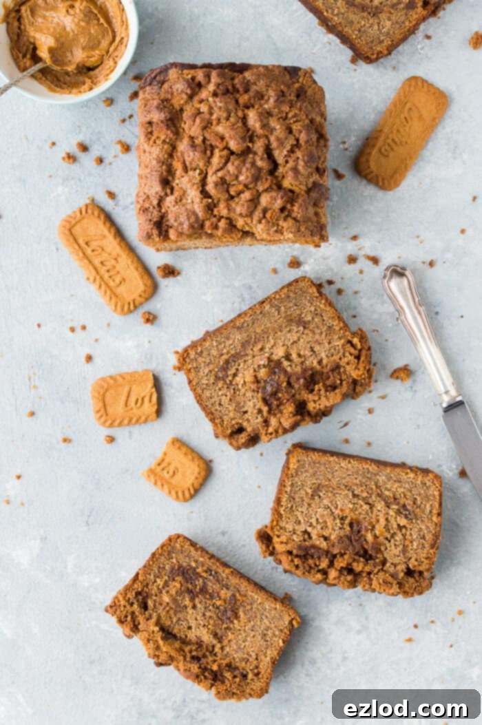 A beautifully sliced loaf of vegan Biscoff cookie butter banana bread displayed on a grey background, accompanied by Lotus Biscoff biscuits, a small bowl of cookie butter, and a knife, emphasizing its presentation.