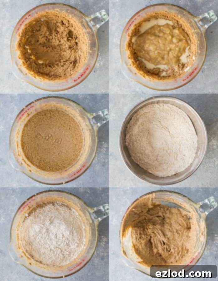 Step-by-step image displaying the combined wet and dry ingredients for vegan Biscoff banana bread batter in a mixing bowl, showcasing the rich, creamy texture before adding the Biscoff swirl.