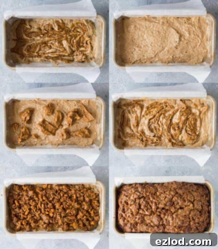 Step-by-step image showing the assembled vegan Biscoff banana bread in a loaf tin, with layers of batter and Biscoff spread gently swirled, topped with streusel, ready for baking.