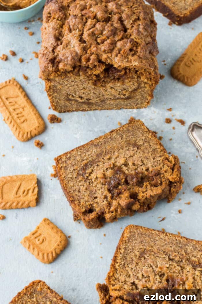 An inviting angled shot of a perfectly baked and sliced loaf of vegan Biscoff banana bread, with whole Lotus Biscoff biscuits arranged nearby, suggesting a delightful serving presentation.