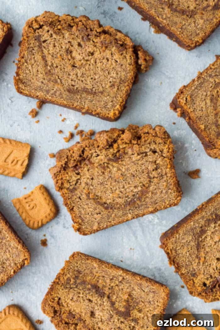Close-up of three thick slices of vegan Biscoff cookie butter banana bread, perfectly arranged on a minimalist grey background, emphasizing the texture and inviting swirl of Biscoff.