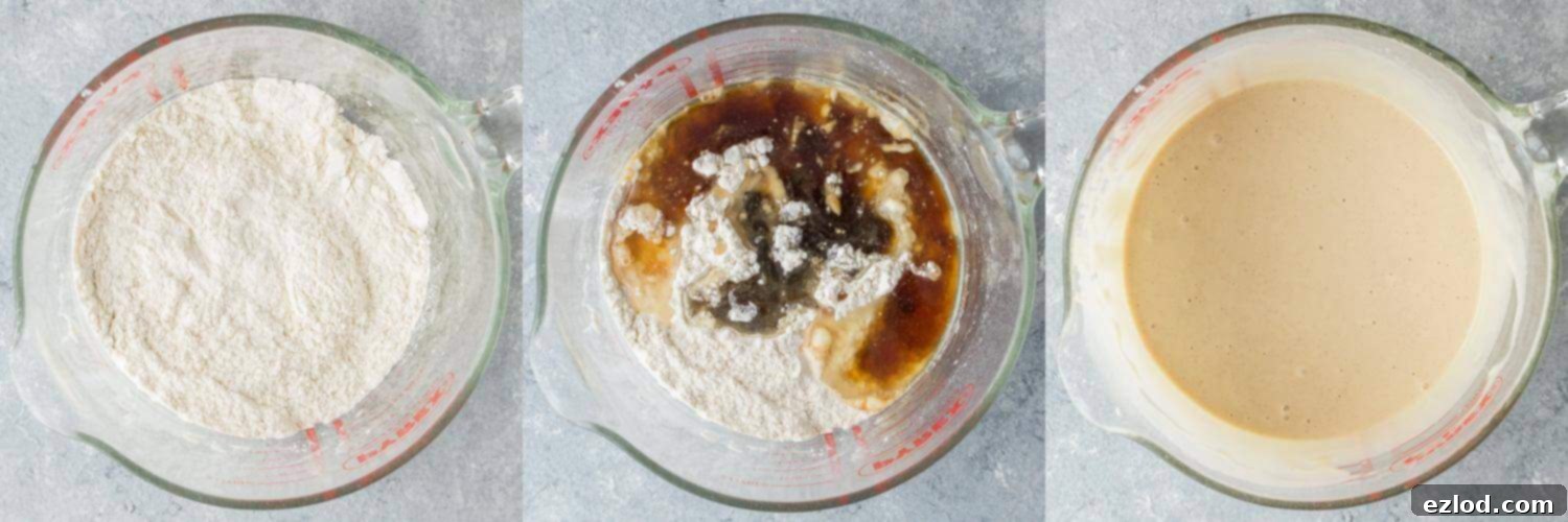 Step-by-step image showing the process of making fluffy vegan vanilla pancakes, specifically the batter being whisked in a bowl.