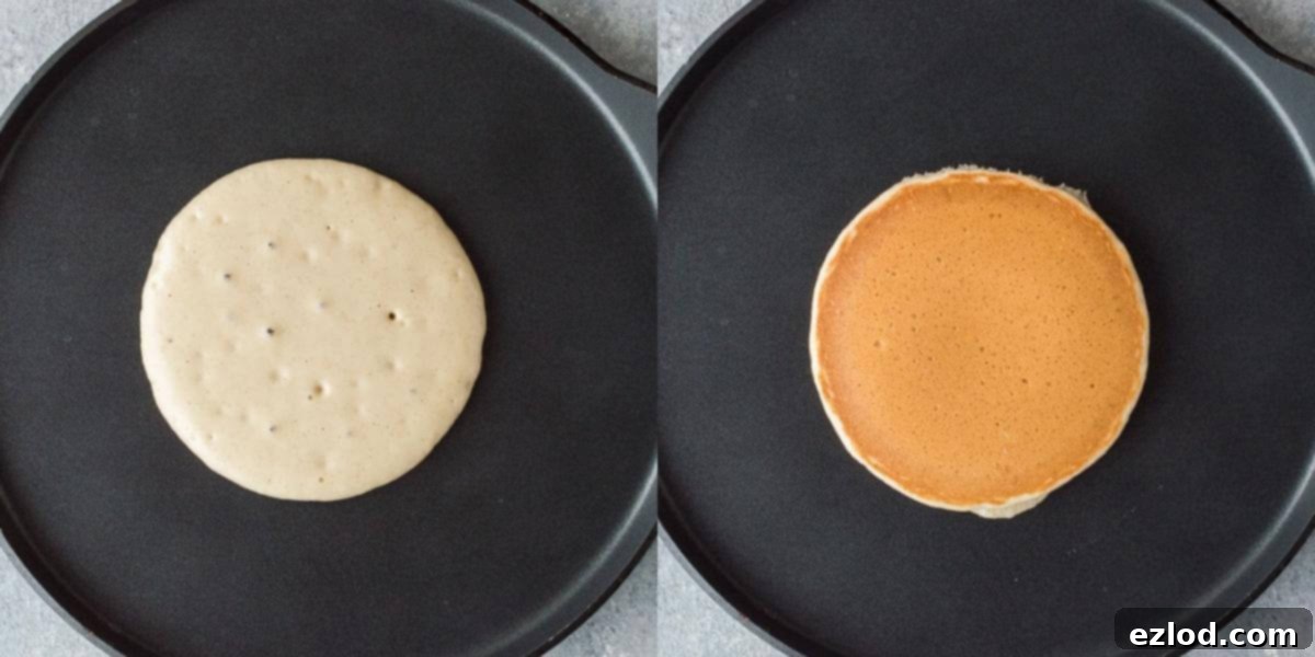 Step-by-step image illustrating the cooking of fluffy vegan vanilla pancakes in a non-stick pan.