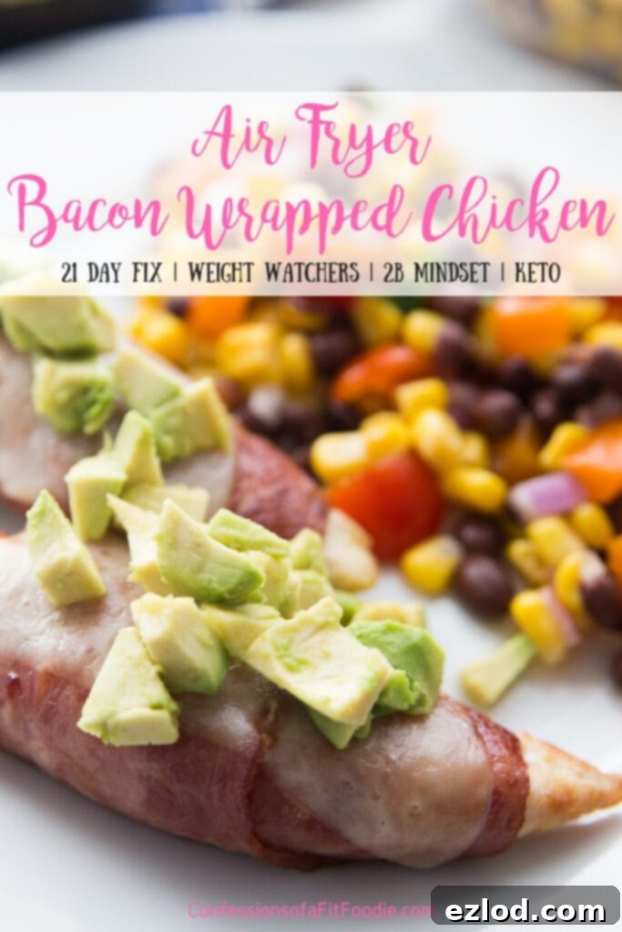 Pinterest image for the blog Confessions of a Fit foodie with bacon wrapped chicken tenders