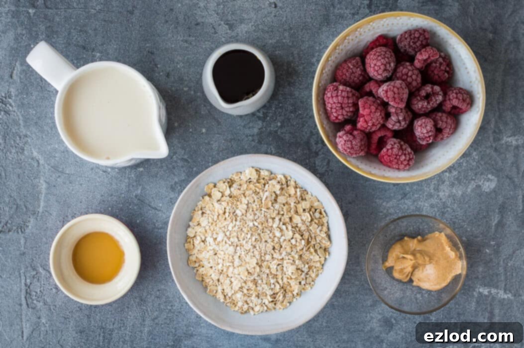 Peanut butter and raspberry porridge ingredients on a grey background.