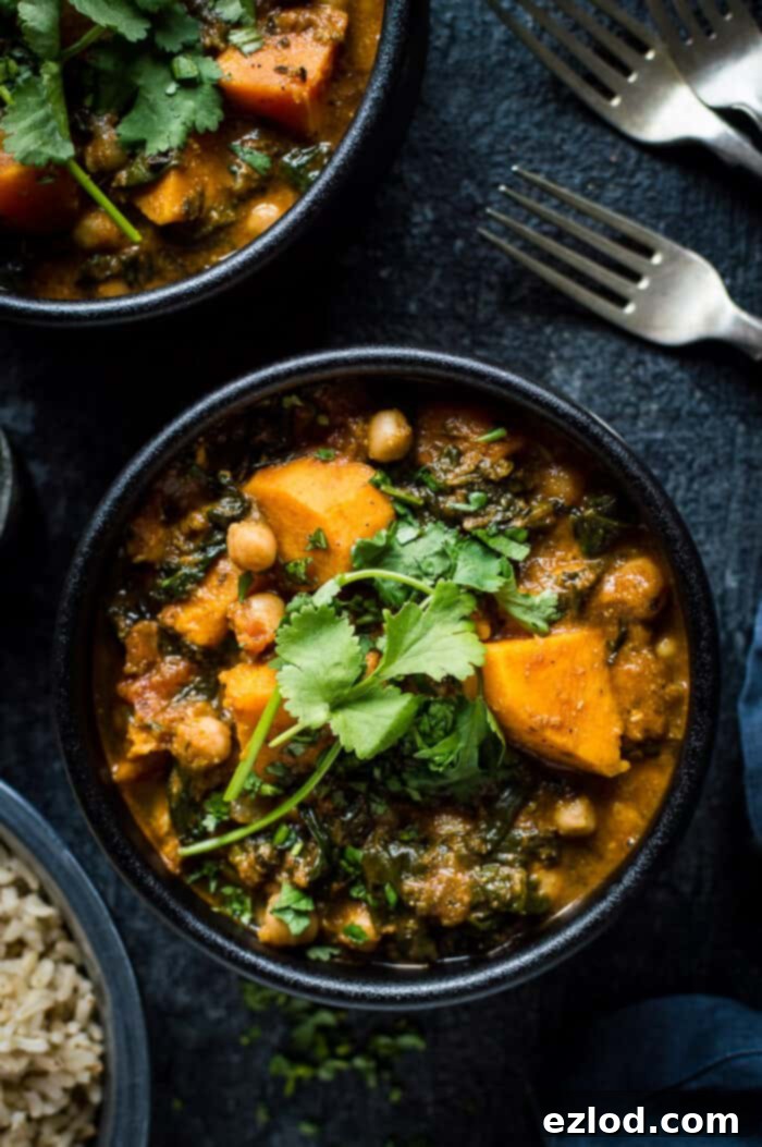 A black bowl filled with a generous serving of vegan chickpea, sweet potato, and spinach curry, garnished with fresh herbs, set against a dark, minimalist background.