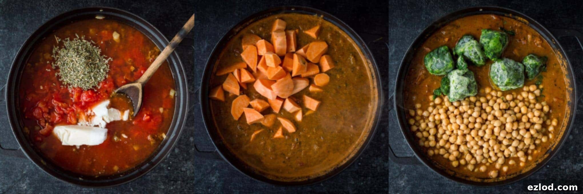 Step 2: Sweet potatoes, chickpeas, and spinach simmering in the creamy tomato and coconut curry sauce.