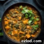 Wholesome Plant-Based Chickpea, Sweet Potato and Spinach Curry 6 Plant based chickpea, sweet potato and spinach curry in a black cast iron pan on a black background.