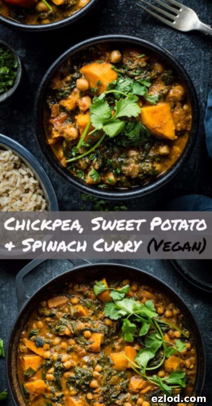 A beautifully presented bowl of creamy vegan chickpea, sweet potato, and spinach curry, garnished with fresh herbs, ready to be enjoyed.