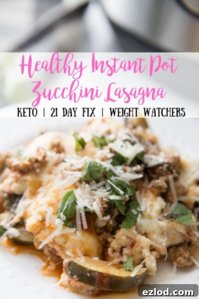 A vibrant, delicious slice of Instant Pot Zucchini Lasagna on a white plate, showcasing its defined layers of tender zucchini, rich meat sauce, and perfectly melted cheese, garnished with fresh basil. This image captures the appetizing qualities of this low-carb, keto-friendly Instant Pot recipe.