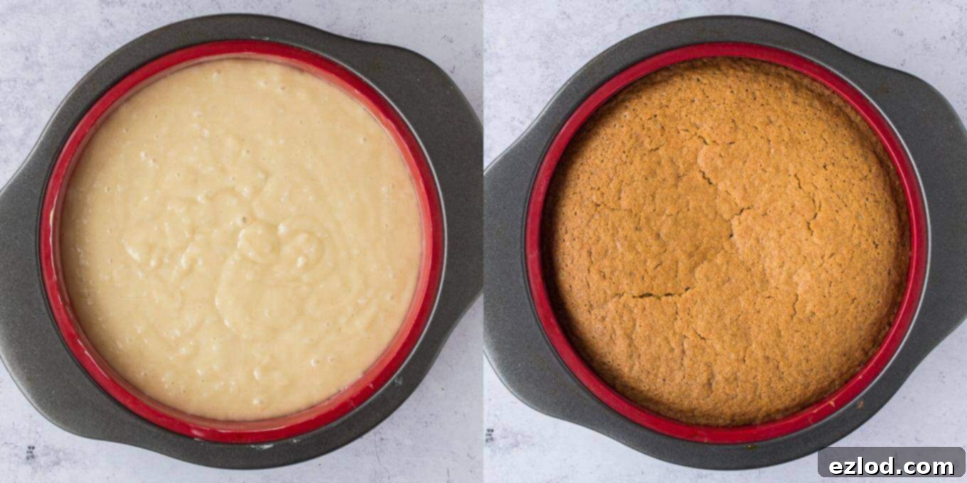 A step-by-step image of the vegan coconut cake baking in the oven, showing its golden-brown top and rising beautifully. This visual guide assures bakers of the process for achieving a perfectly baked eggless and dairy-free coconut cake. #bakingcake #vegancoconut #ovenbaked