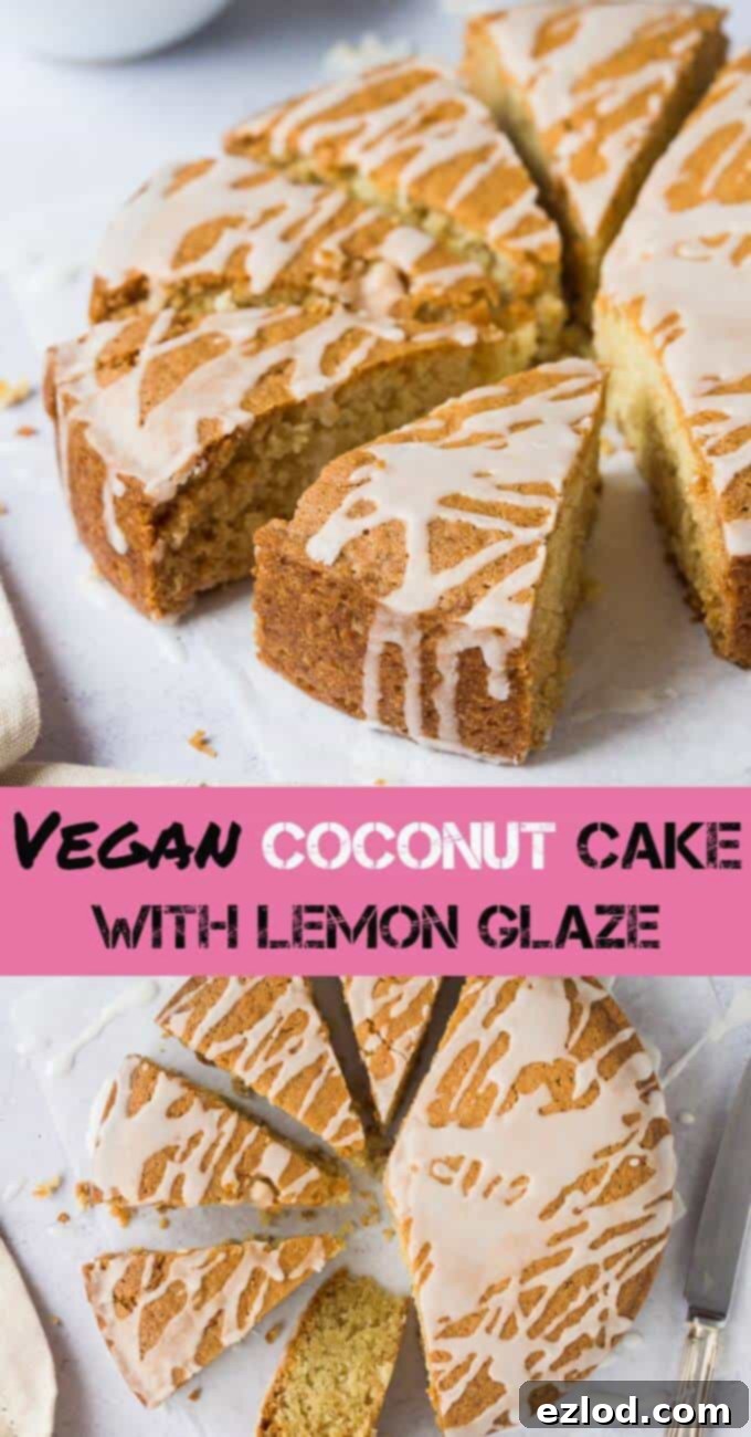 Vegan coconut cake - this eggless coconut cake with lemon glaze is really moist and very coconutty. Easy to make and perfect for snacking on! #vegan #vegancake #eggless #eggfree #dairyfree #coconut #veganbaking #coconutcake #plantbased #snackcake #coffeecake A gorgeous shot of the vegan coconut cake with lemon glaze, sliced and ready to serve, highlighting its moist interior and inviting presentation. This eggless, dairy-free, and plant-based coconut cake is perfect for any occasion. #vegan #vegancake #eggless #eggfree #dairyfree #coconut #veganbaking #coconutcake #plantbased #snackcake #coffeecake