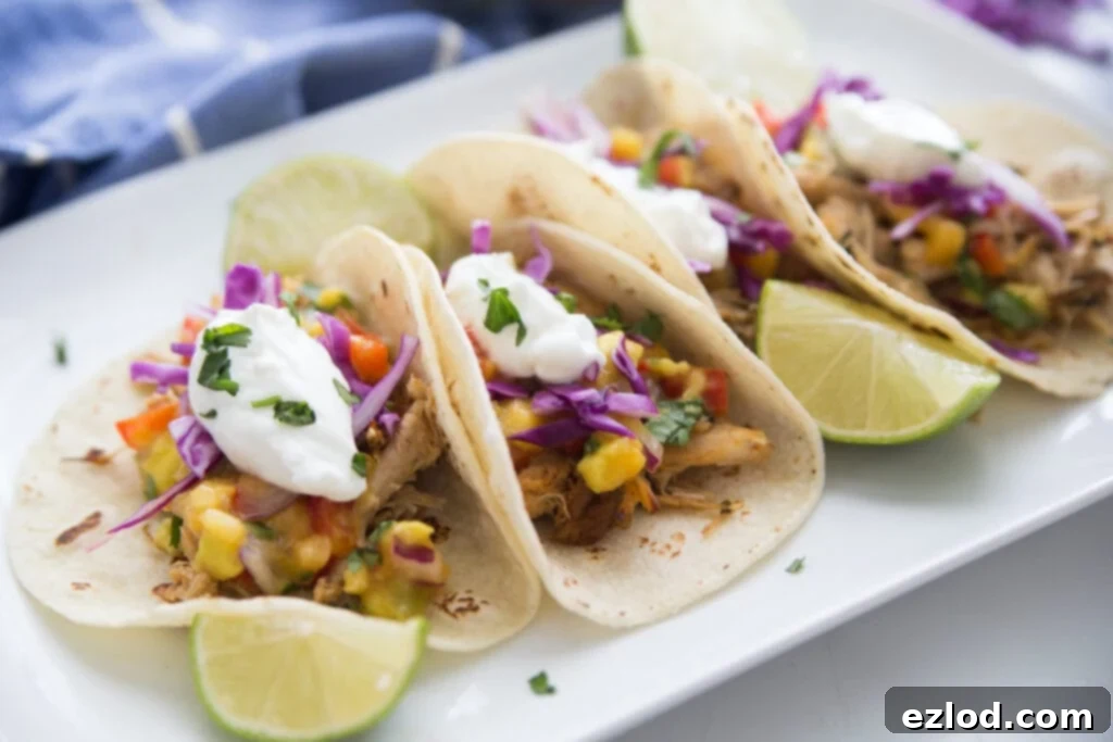 A plate of instant pot chicken carnitas topped with peach salsa and greek yogurt 