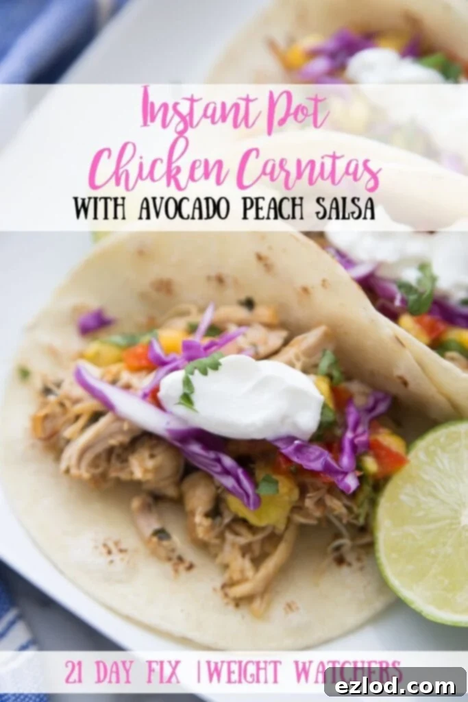 These easy Instant Pot Chicken Carnitas are juicy and tender and cook up so fast thanks to the Instant Pot.  Top it with my favorite Avocado Peach Salsa for the most perfect taco ever!  No Instant Pot?  You  can make these in your slow cooker, too! Healthy Instant Pot | 21 Day Fix Instant Pot Recipes | 21 Day Fix Carnitas | Instant Pot Carnitas | 21 Day Fix Chicken Recipes | 21 Day Fix Salsa Recipes | Weight Watchers Instant Pot Recipes | Weight Watchers Carnitas #21dayfix #confessionsofafitfoodie #chickencarnitas