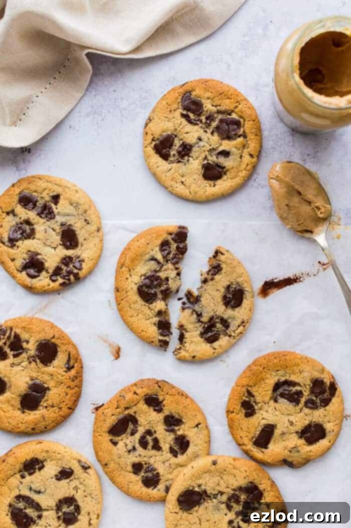 Delicious vegan peanut butter chocolate chip cookies, showcasing their perfect texture – chewy center and crispy edges. Ideal for a plant-based treat. #vegan #vegancookies #peanutbutter #chocolatechip #veganbaking