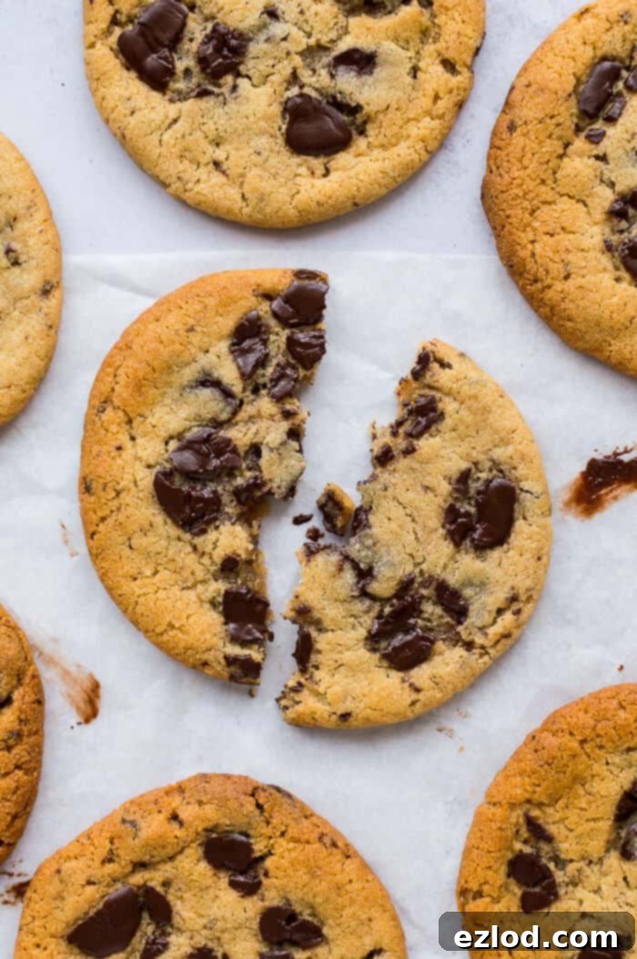 A close-up shot of a vegan peanut butter chocolate chip cookie, expertly broken in half to reveal its soft, rich interior studded with generous chocolate chunks, resting on baking parchment.