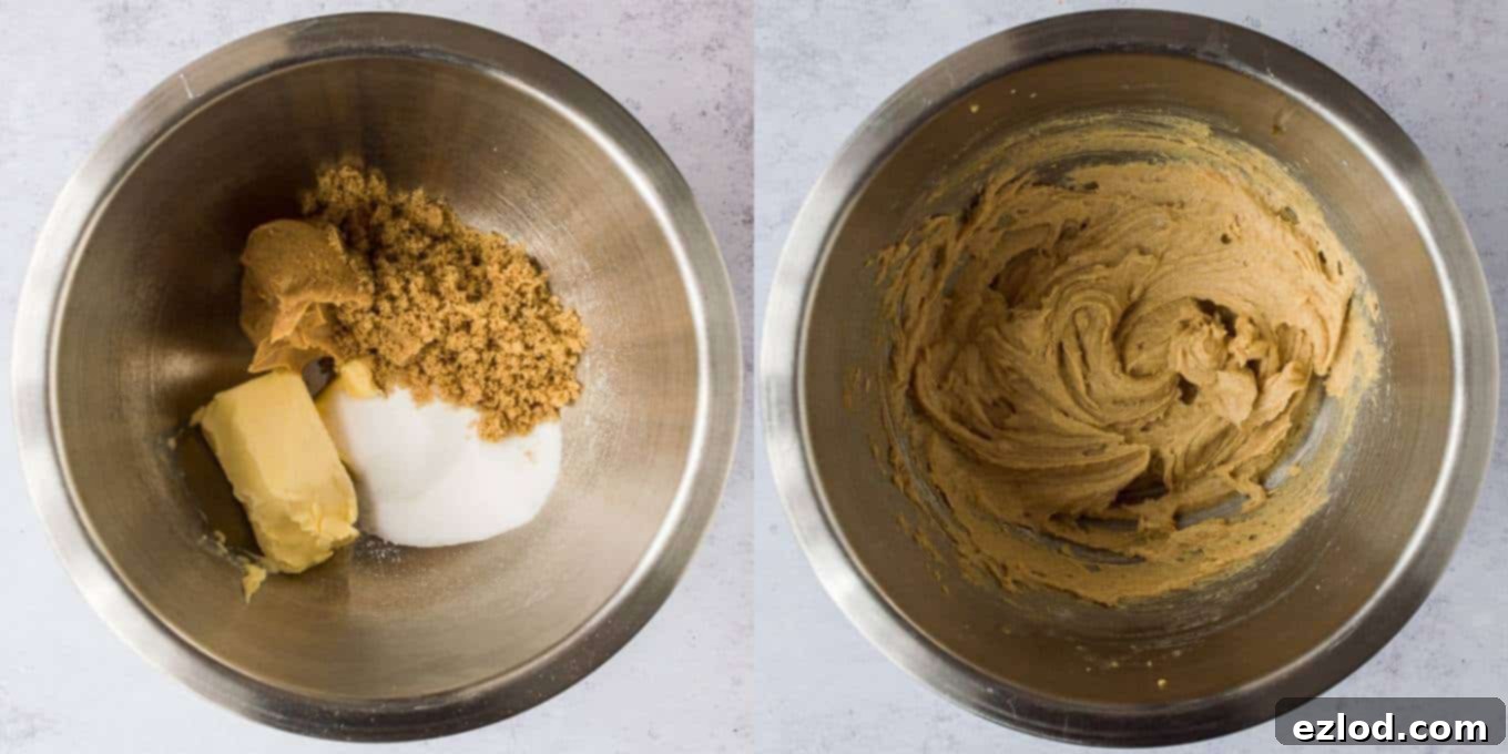 Step 1 in making vegan peanut butter chocolate chip cookies: creaming the softened vegan butter, creamy peanut butter, and both white and brown sugars until the mixture is light and fluffy.