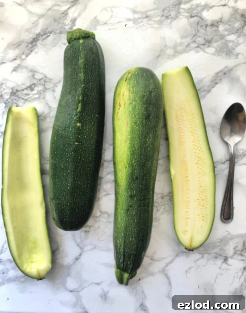 Zucchini being prepped for zucchini boats on a marble background