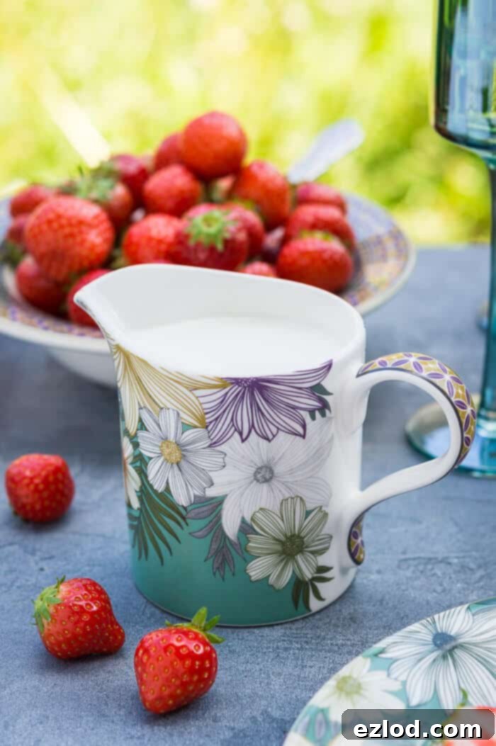 A charming floral patterned jug filled with fresh cream, beside a small bowl brimming with juicy strawberries.
