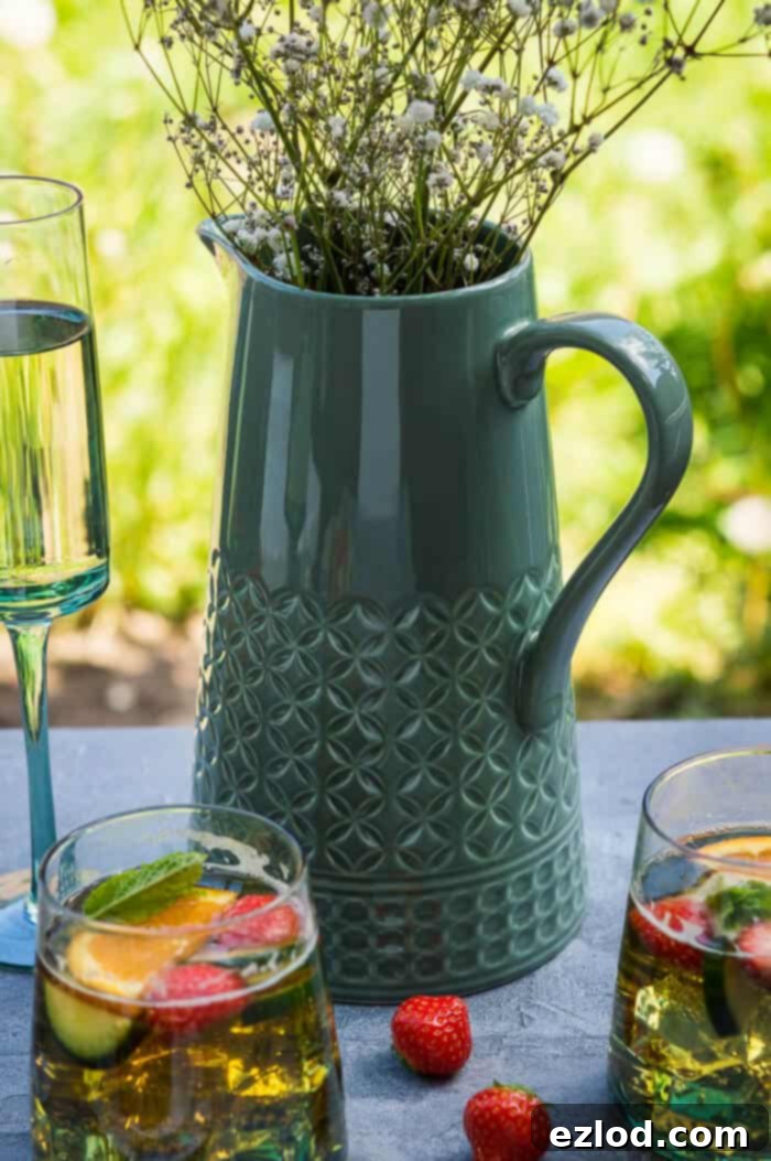 A large, elegantly embossed green jug showcasing a beautiful floral arrangement, adding a touch of nature to the setting.
