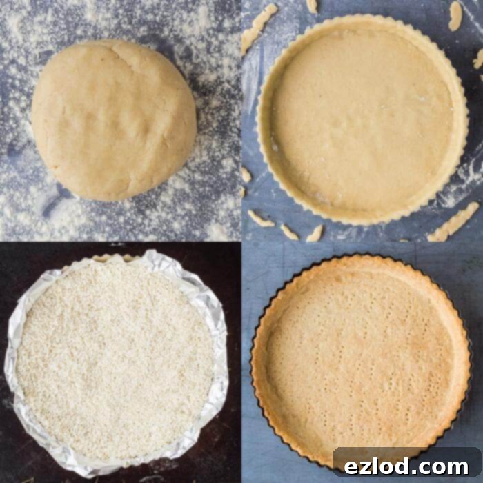 Step 2: The blind baking process of the vegan tart pastry, showing the crust lined with foil and baking beans inside the tart tin.