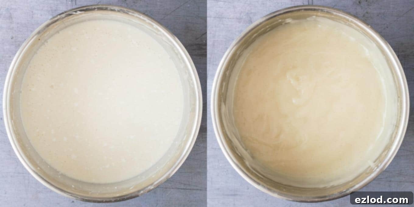 Step 3: The process of cooking the vegan coconut pastry cream, showing the mixture thickening in a saucepan on the stove.