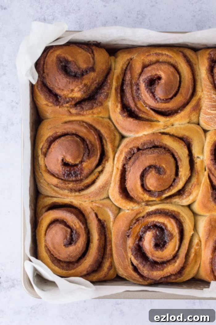 Freshly baked vegan banana bread cinnamon rolls in a square baking tin, ready for glazing.