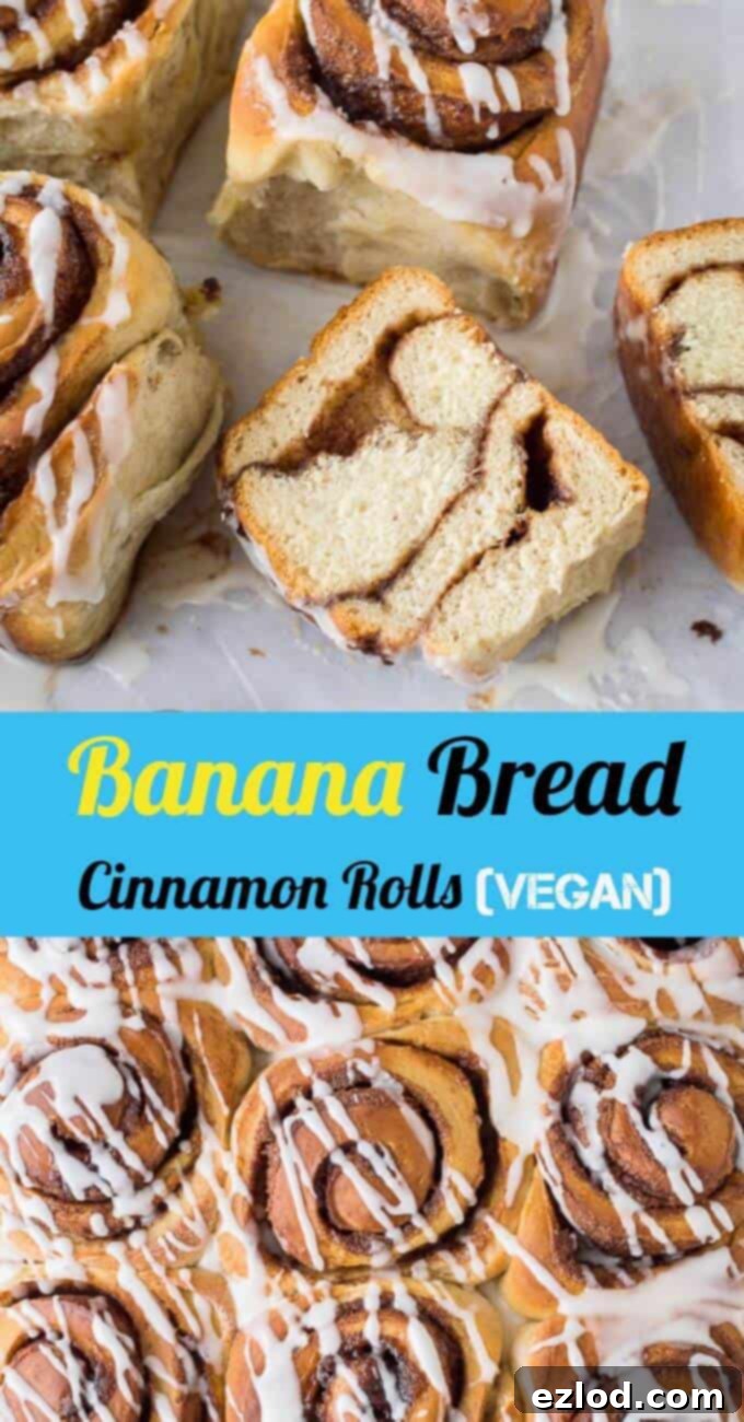 Nine vegan banana bread cinnamon rolls with vanilla glaze in a rustic setting.