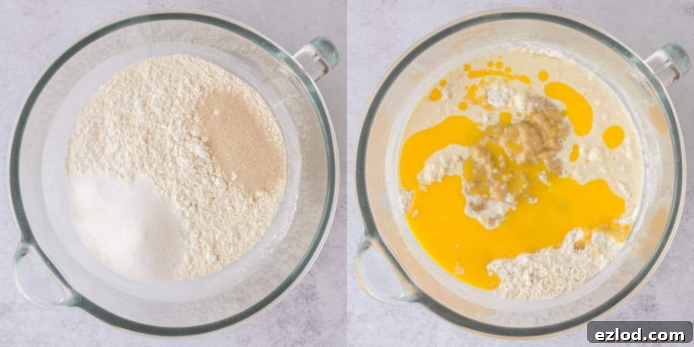 Step 1: Ingredients for vegan banana bread cinnamon roll dough in a stand mixer bowl.