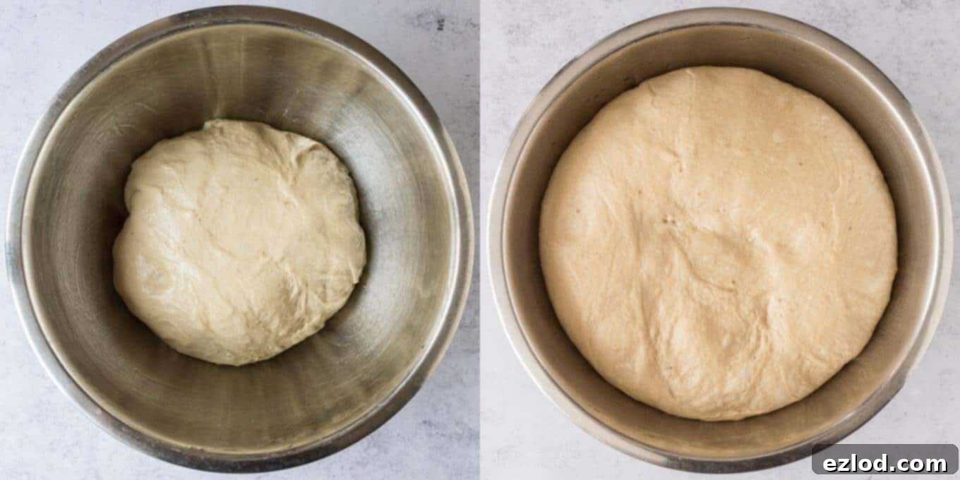 Step 3: Vegan banana bread cinnamon roll dough rising in an oiled bowl, covered.