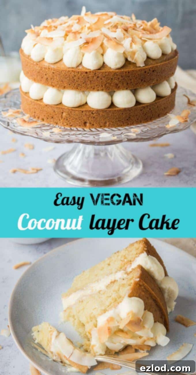 A grand, complete view of the two-layer vegan coconut cake, beautifully decorated with coconut buttercream, lime curd, and toasted coconut, ready for a celebration.