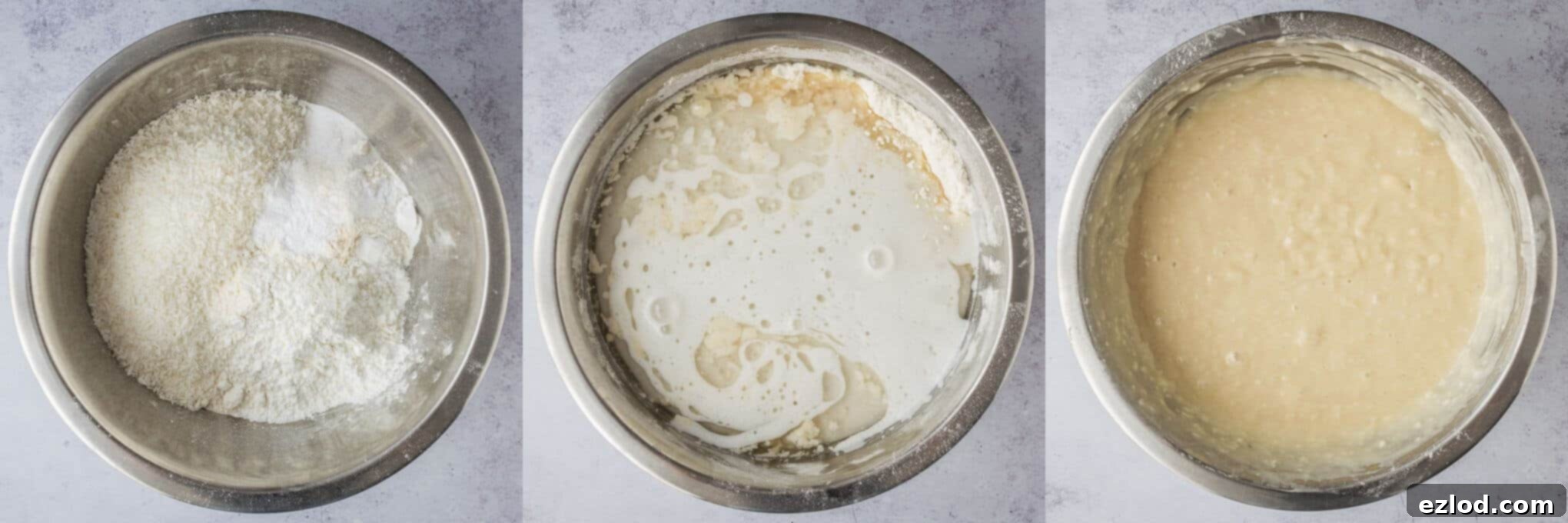 Step-by-step image showing the wet and dry ingredients for the vegan coconut cake being combined in a bowl to form a smooth batter.