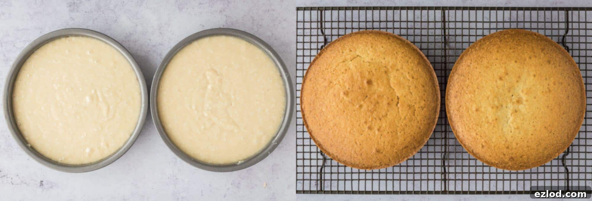 Step-by-step image showing two perfectly baked vegan coconut cake layers cooling on a wire rack after being removed from their tins.