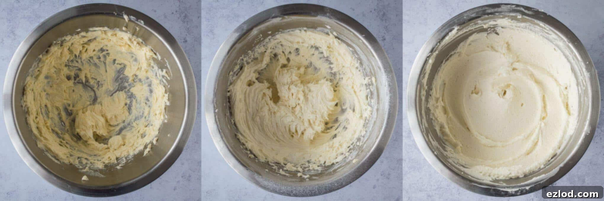 Step-by-step image showing the process of making vegan coconut buttercream, with softened vegan butter being mixed with powdered sugar and melted creamed coconut.