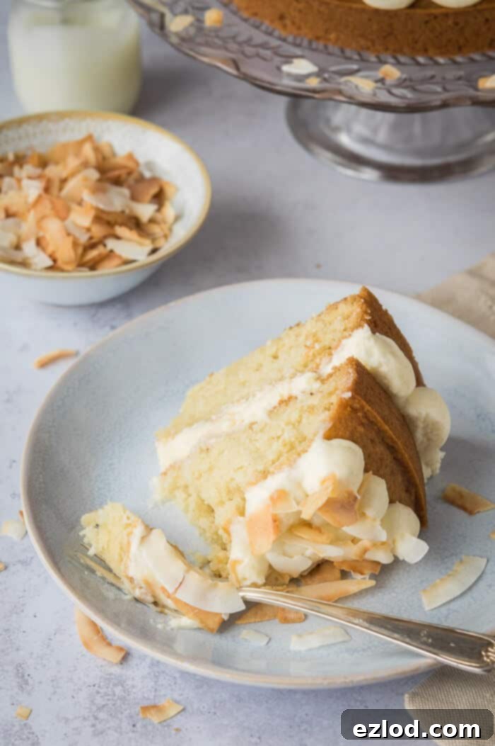 A beautifully plated slice of vegan coconut layer cake, showing the moist cake, creamy buttercream, and bright lime curd, served next to a small bowl of toasted coconut flakes.