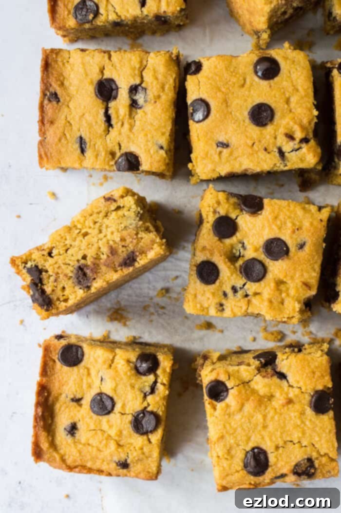Several neatly cut squares of sweet potato chocolate chip cake arranged on a sheet of white baking parchment, ready to be served.